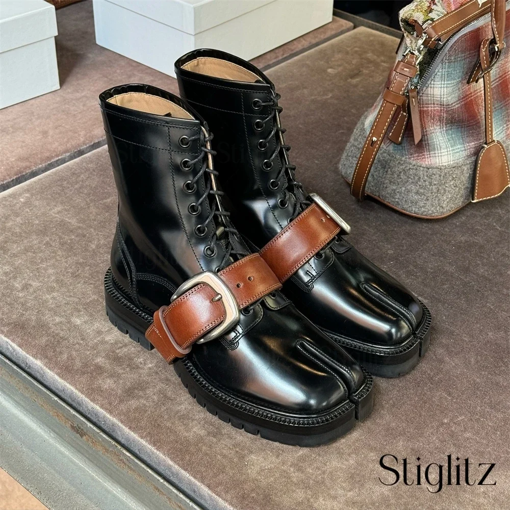 Buckle-Embellished Strap Tabi Booties Square Split Toe Chunky Sole Leather Boots Novelty Lace-Up Men Boots Handmade Dress Shoes