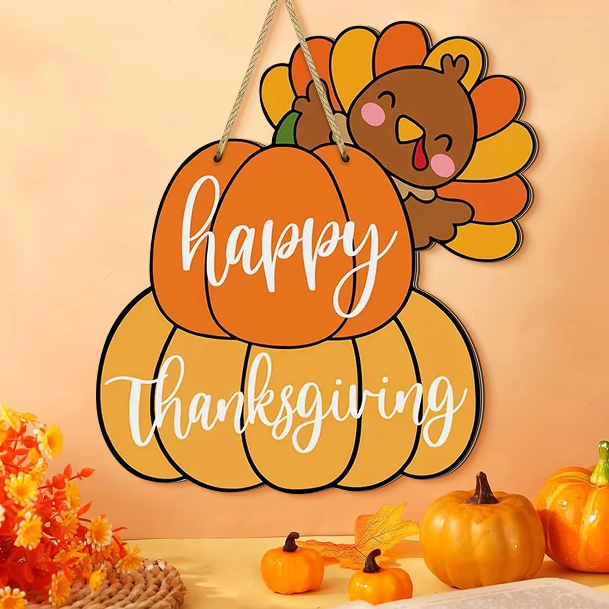 ديكورات عيد الشكر علامة خشبية لطيفة على شكل يقطين مع تركيا والقرع - "عيد الشكر السعيد"