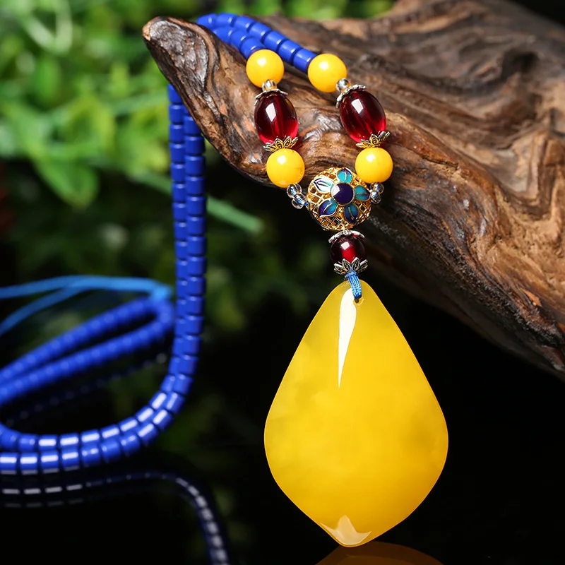 

Jinpeli желтая куриная смазка, пчелиный воск, искусственный Янтарный шероховатый камень, ожерелье, цепь для свитера для мужчин и женщин