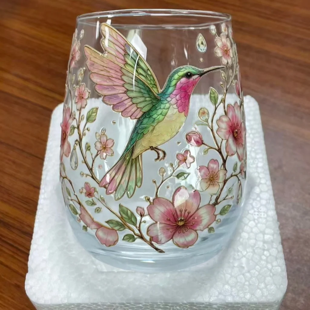 Hand-Painted Hummingbird & Cherry Blossom Floral Tea Cup 400ml with Gift Box Glass Cup
