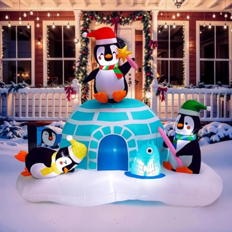 

Inflatables Igloo LED Light Up Penguin Fishing, Christmas Blow Up for Garden Lawn Holiday