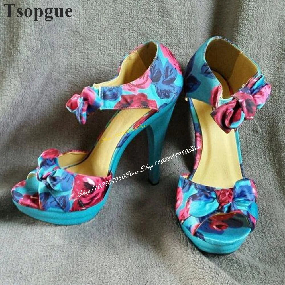 Blue Flower Print Bowknot Low Platform Sandals Thin High Heel Shoes For Women Lace Up Peep Toe 2024 Fashion Zapatos Para Mujere