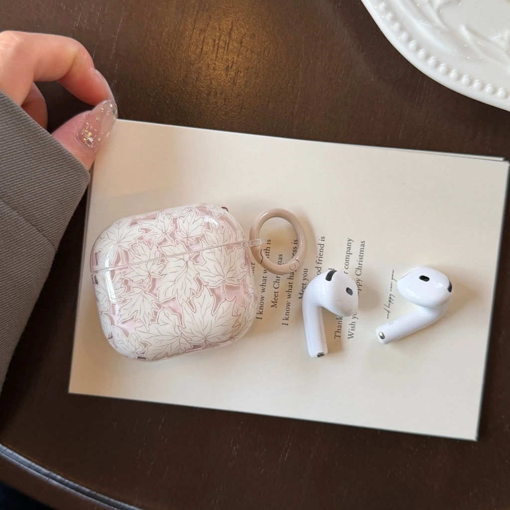 Romântico suave rosa maple leaf textura padrão com gancho fone de ouvido caso capa para airpods 1 ou 2 3 4 pro 2 pro 3