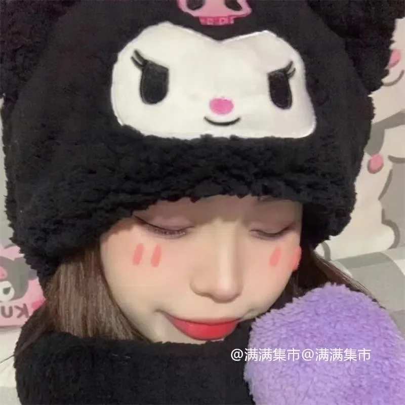 Sanrio Kuromi Scarf Hat Glove One Piece Cute Cartoon Plush Thickening Warm Anti-Cold All-In-One Hat Anime Toys for Girls Gift