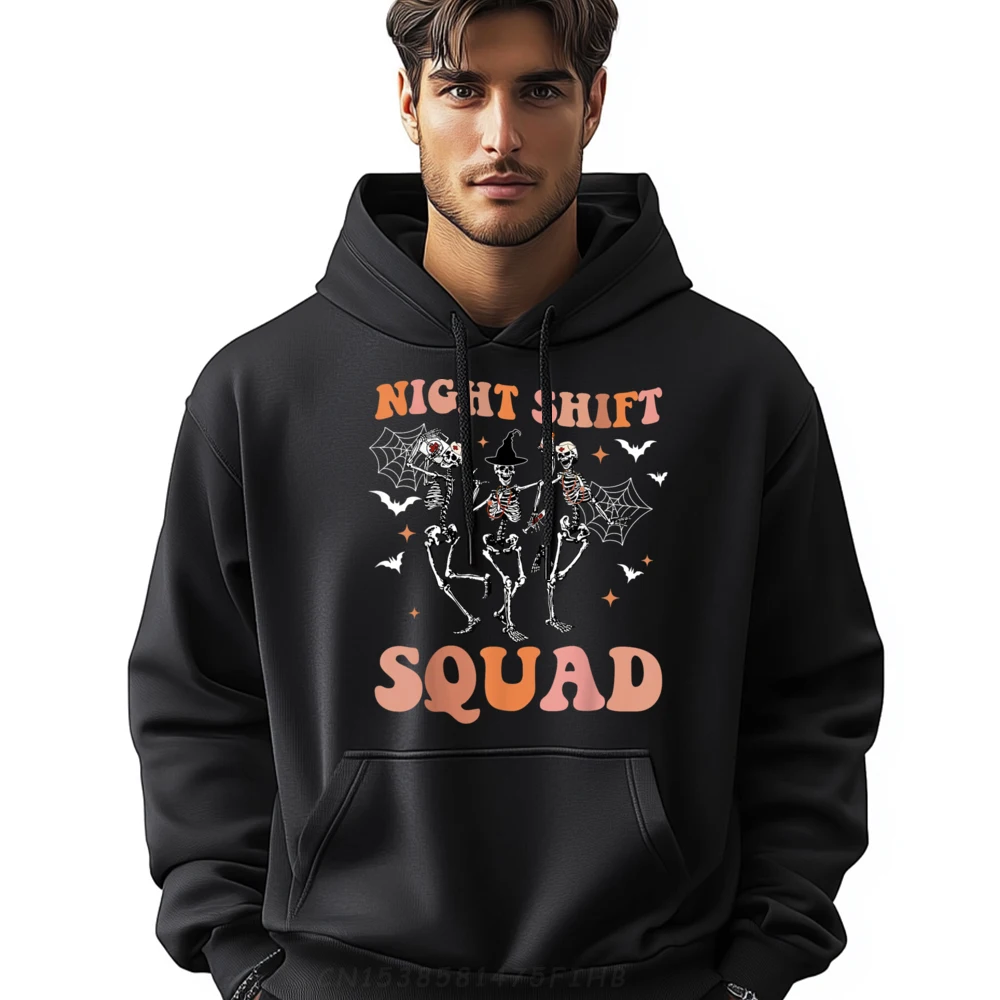 

Skeleton Dancing Nurse Night Squad Shift Halloween Streetwear Men New Year 2025 Christmas Man Hooded Shirt