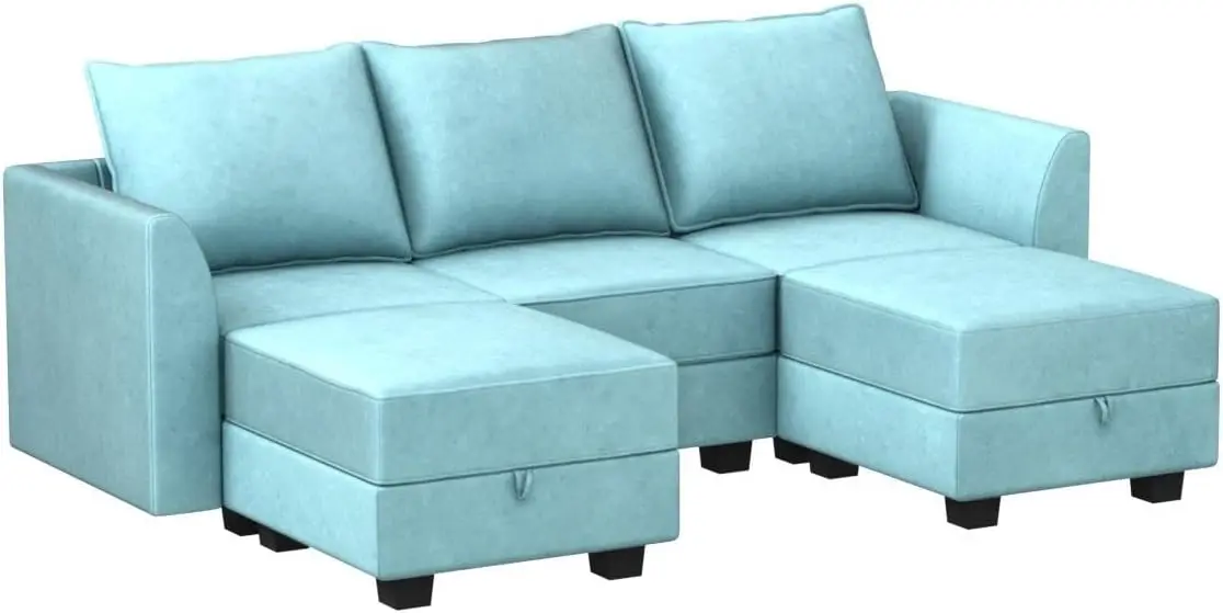 Reversible Sectional Sofa with Ottomans Chaises Modular Sofa U Shaped Couch with Storage Seats Aqua Blue Easy to Assemble