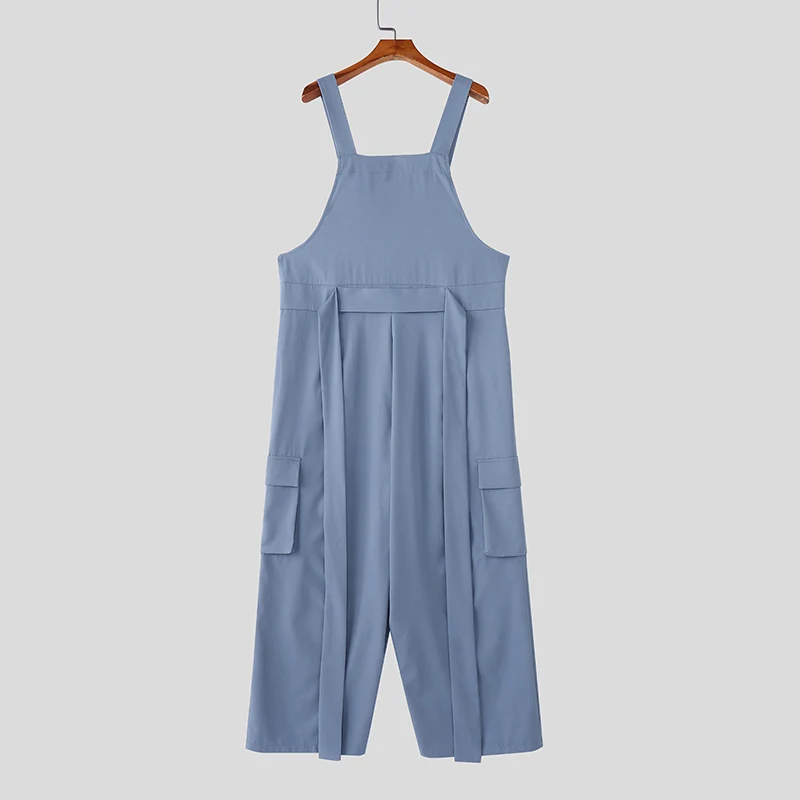 

INCERUN Men Jumpsuits Solid Color Sleeveless Straps Rompers Men Streetwear Oversize Pockets Fashion Casual Male Cargo Overalls