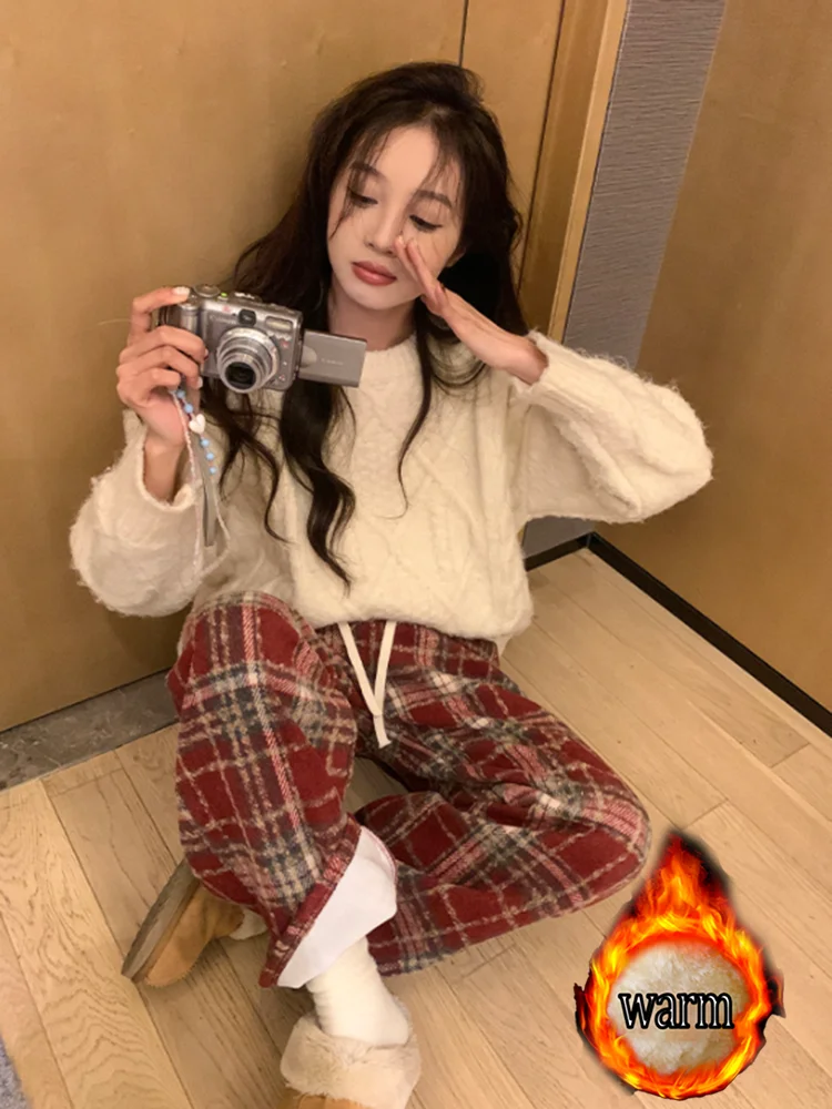 المرأة الخريف والشتاء الصوف الثقيل منقوشة السراويل نمط جديد الصوف مبطن سميكة عارضة الرياضة مستقيم الساق السراويل