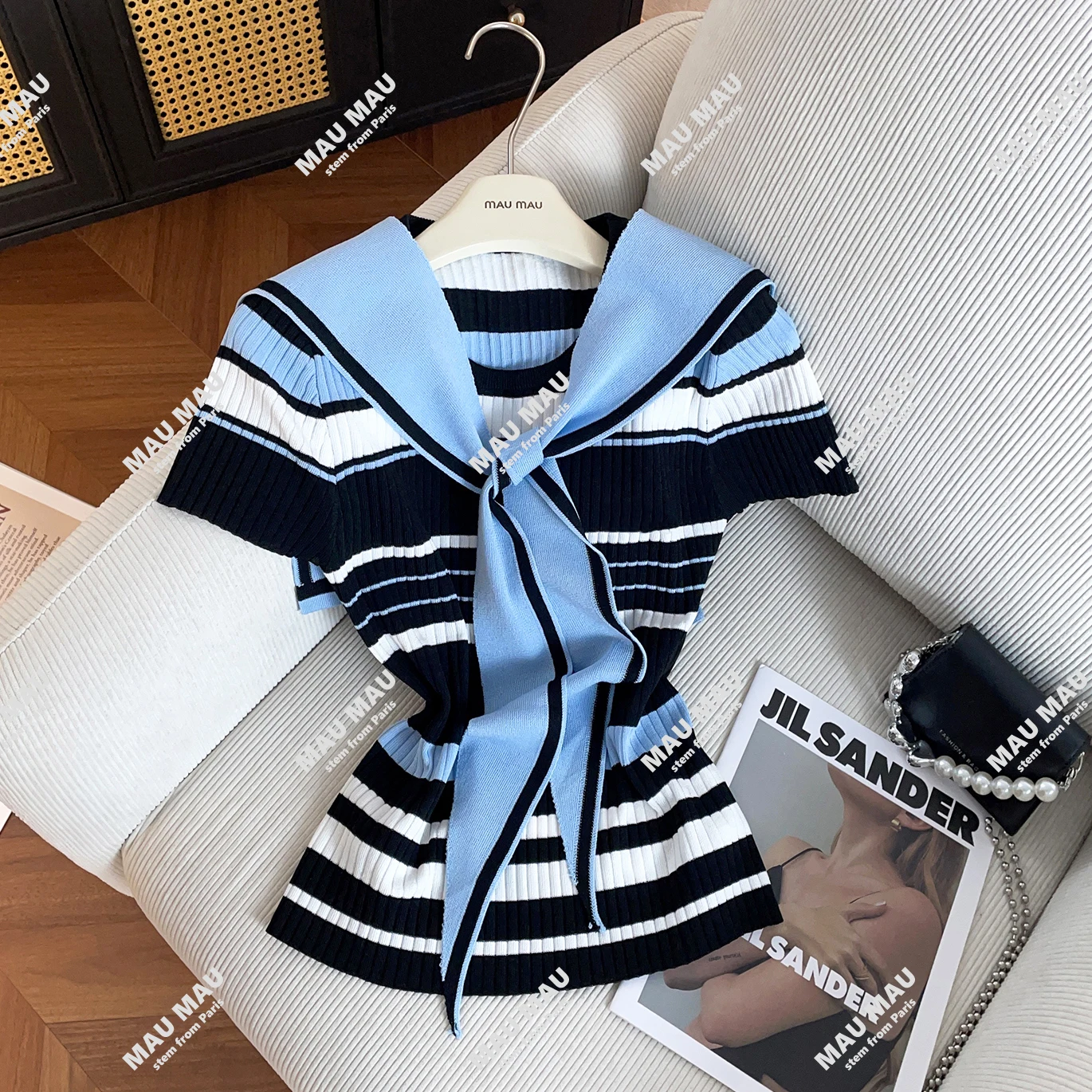 

High-End ort-Sve Knitted Navy Collar Striped Color Blo Women's Top Autumn New Arrival College Sle Premium Women's Fa...