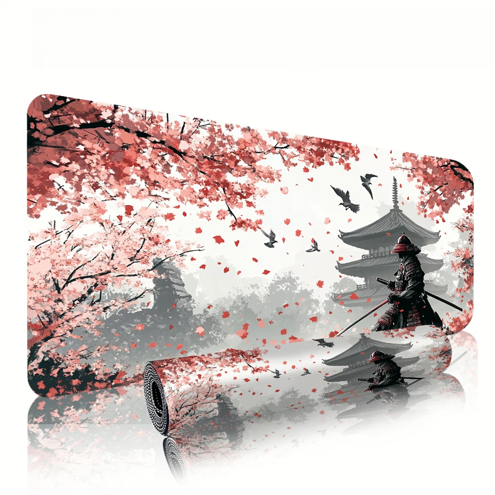 Pagoda Sakura and Samurai Large Size Anti-slip Rubber Mouse Pad XXL Computer Gaming Accessories Keyboard Desktop Decorations Mat