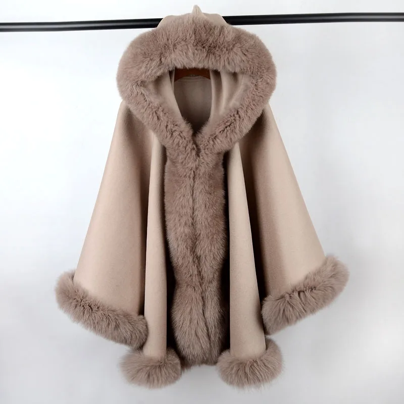 2023 New Winter and Autumn Street Fashion Women Wool Warm Jacket Real Fox Fur Collar Hooded Cloak Coat Modern Female Outerwear