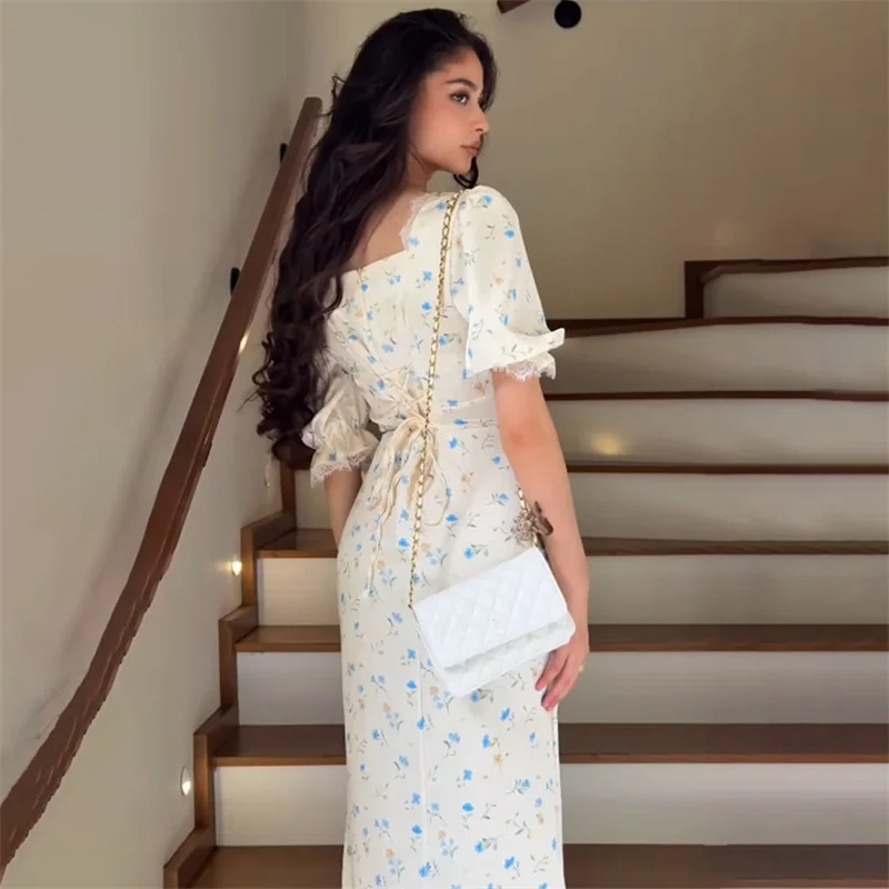 Square Collar Printing Half Sleeve Women's Evening Dress Satin Sheath Bandage Gown White Slim Party Skirt New Arrival In Stock