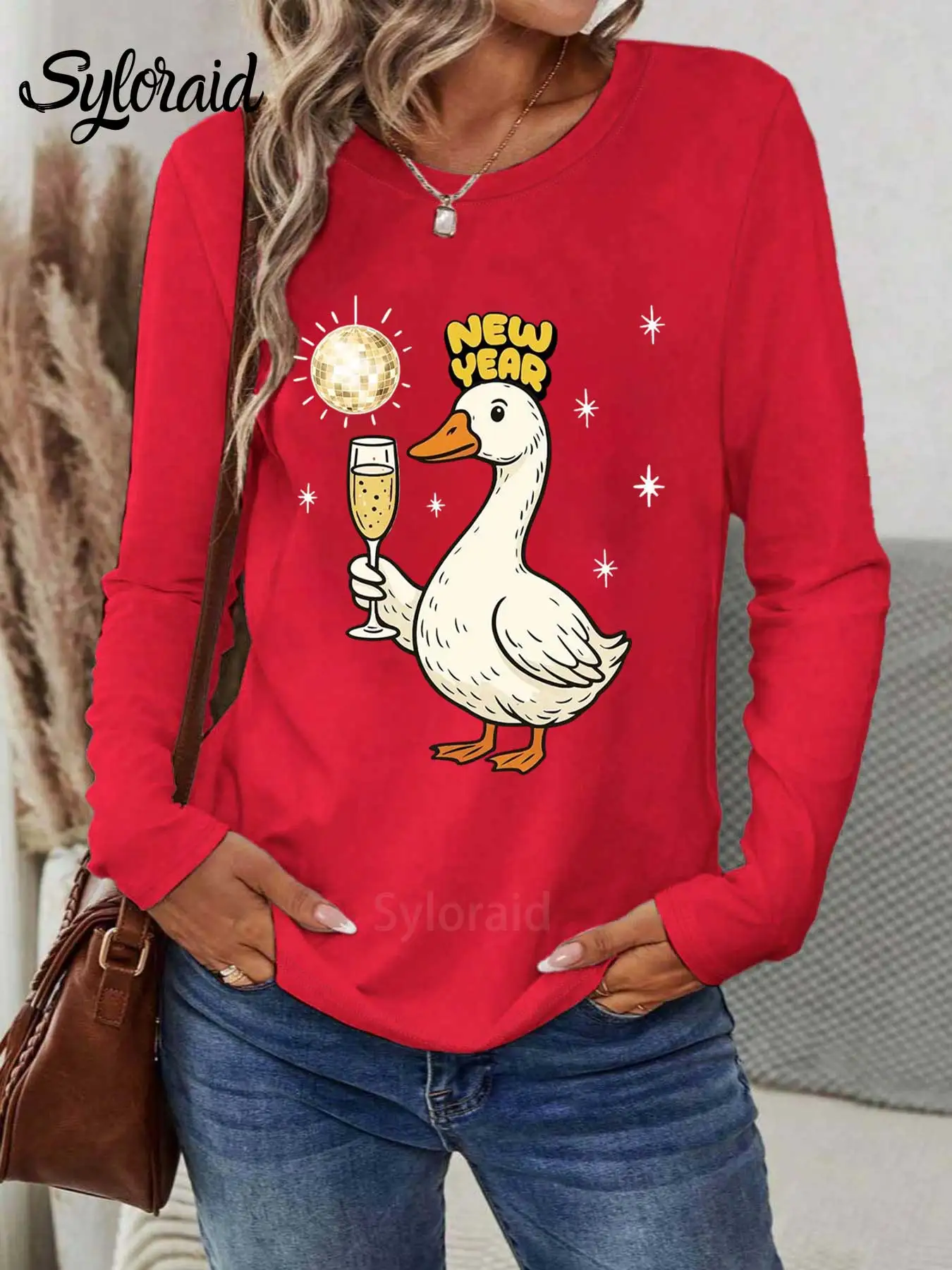 เสื้อยืดแขนยาวผู้หญิง เสื้อยืดพิมพ์ลายห่าน สวัสดีปีใหม่ เสื้อยืดแฟชั่นคอกลมลำลอง