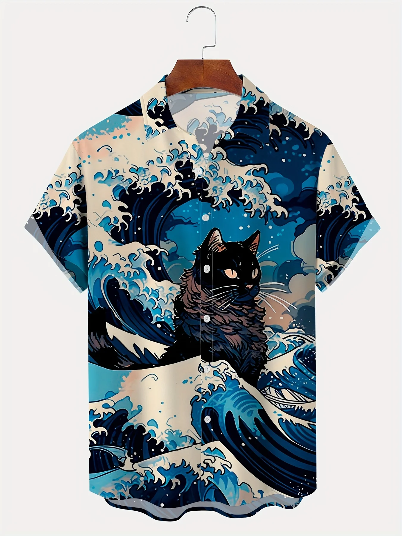 

Hawaiian cartoon waves and black cat pattern men's short sleeve button down shirt, summer resort vacation