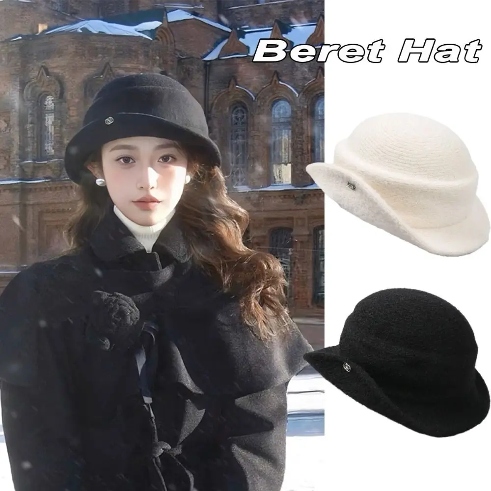 

Elegant Wool Blend Beret Hat Rolled Edge Solid Color British Top Hat Winter Warm Soft Fashion Fedoras