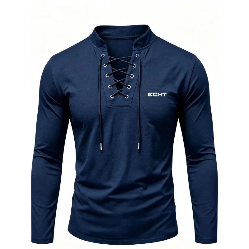 2026 Cross-border Foreign Trade Autumn Men's Retro Stand-up Collar Tie-front Leisure Printed Long-sleeve Henley Shirt New Style - view 3