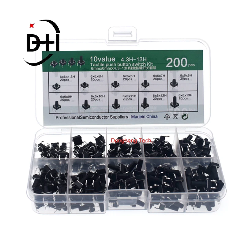 10 Value= 200pcs 6*6 Tact Switch Tactile Push Button Switch Kit, Height: 4.3MM~13MM DIP 4P Micro Switch 6x6 Key switch