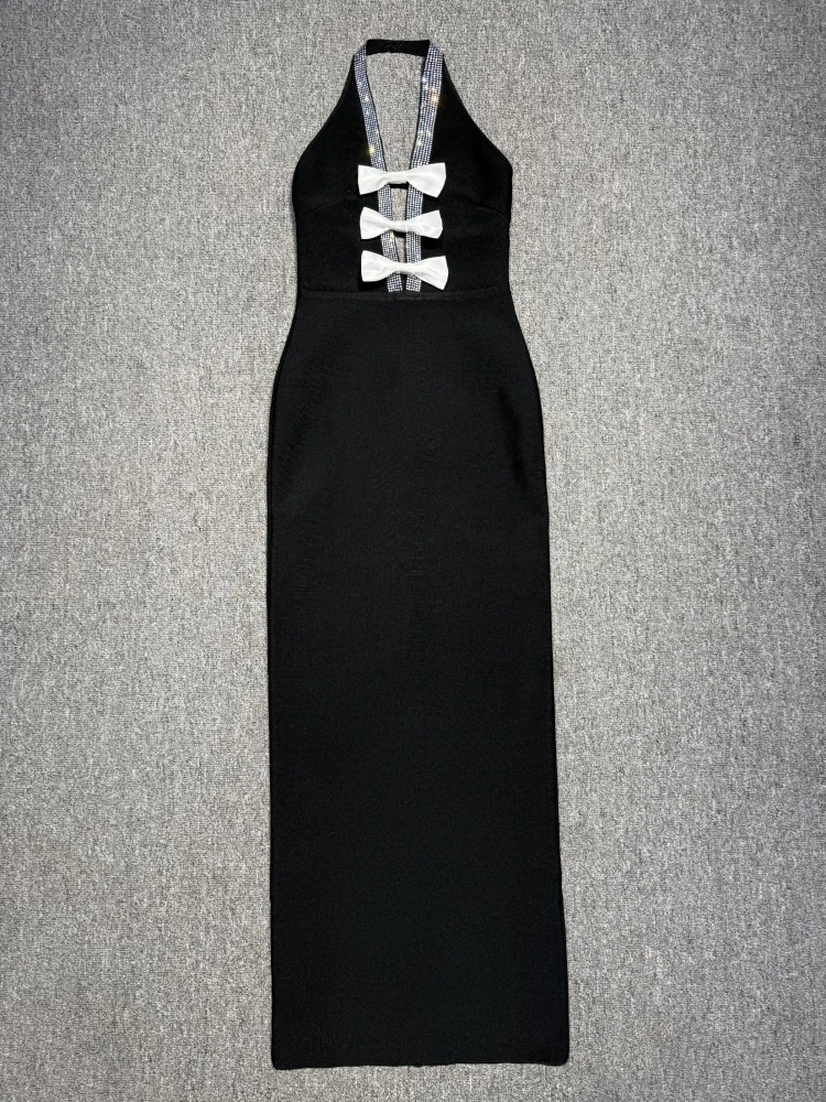 Sexy Halter Neck Diamonds Bow Patchwork Bandage Dress Women Black Sleeveless Backless Bodycon Long Dresses Evening Party Gowns