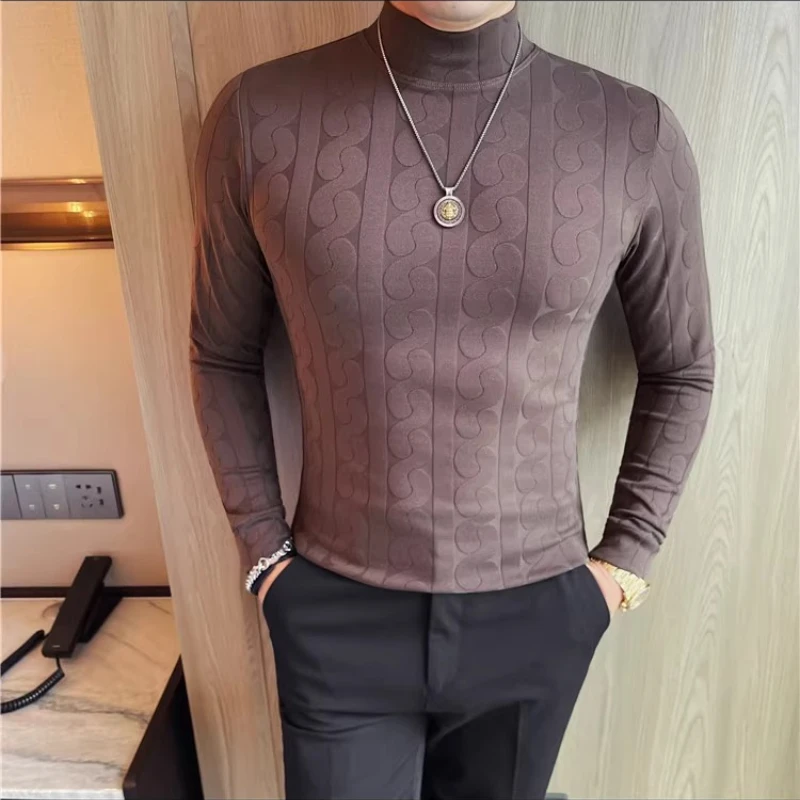 

Half High Collar Jacquard Long Sleeved T-shirt for Men's Autumn Winter Base Solid Color Casual Business T-shirt Men Clothing