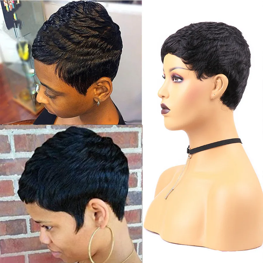 女性用ショート人毛機械製ピクシーウィッグ