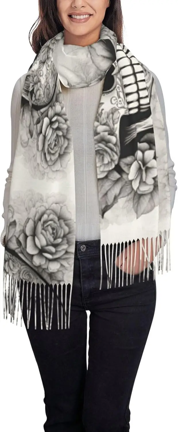 Mexican Skull Print Scarves For Women Winter Long Scarves For Women With Fringe Classic Tassel Scarf