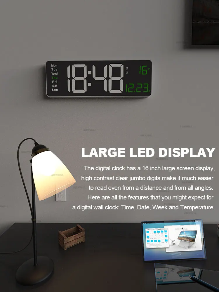 Imagem -02 - Relógio de Parede Digital Grande Despertador Controle Remoto Display Led Data Semana Temperatura Alarmes Duplos 16 Aierwill-n6