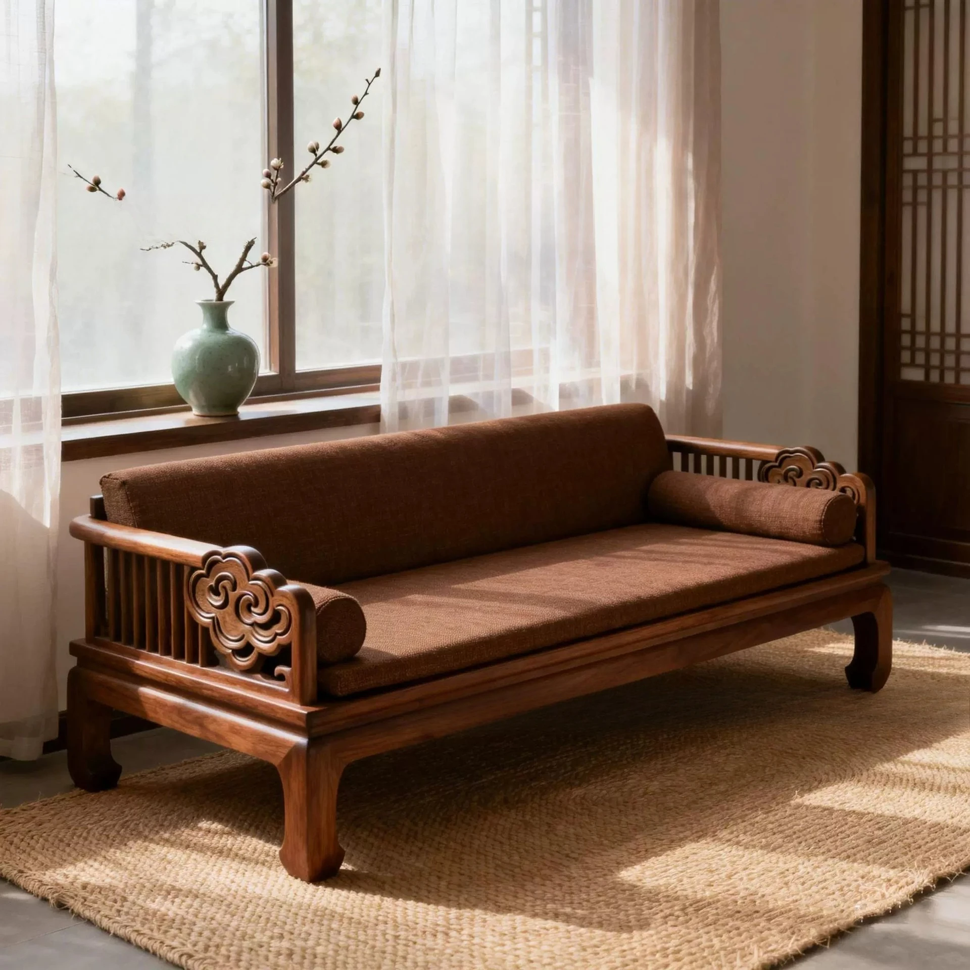 New Chinese style, North American black walnut, curved Arhat bed, Zen simple leisure