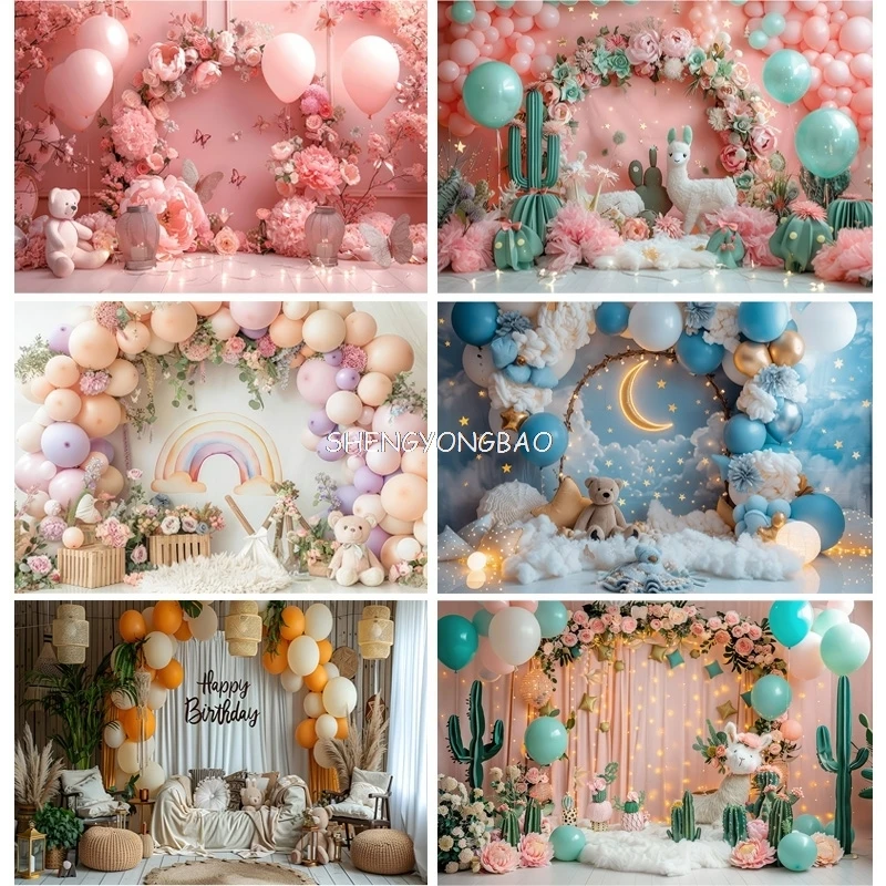 

Happy Birthday Party Photography Backdrop Baby Shower Newborn Portrait Colorful Balloon Arch Decor Photo Studio Background AR-02