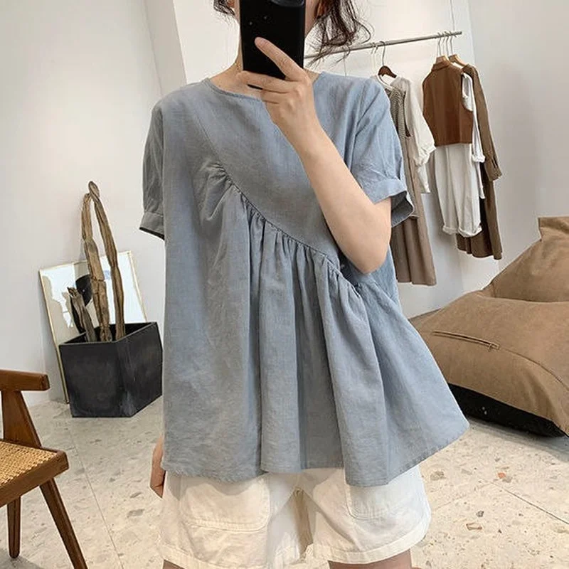 

Cotton and Linen Shirt Women Summer New Loose and Thin Half-sleeved Doll Shirt Ramie Top Button Up Shirt