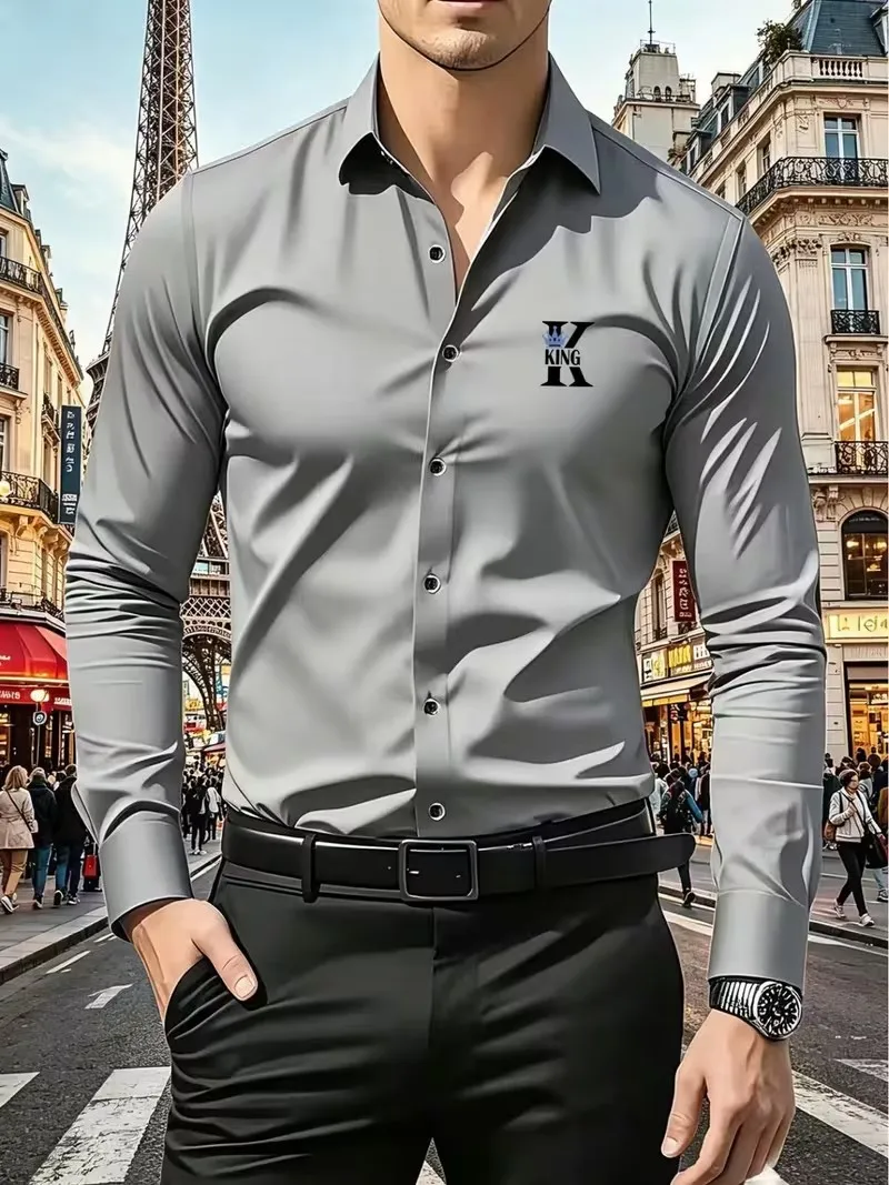 Men's Premium Business Casual Shirt Word Logo Print Slim Fit Long Sleeve Wrinkle Resistant Dress Shirt Multi Styles Available