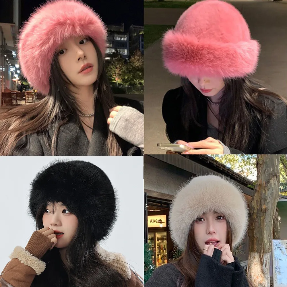 New Warm Fluffy Fur Bucket Hat Thicken Cold Panama Cap Snowy Day Cover Head Cap Berets Chrismas Gifts