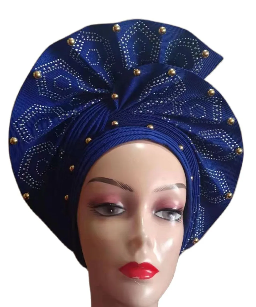 2023 Auto Gele Already Made Headtie Bonnet Nigerian Aso Oke Beads Stones Turban Femme Head Wrap African Headtie For Lady Party