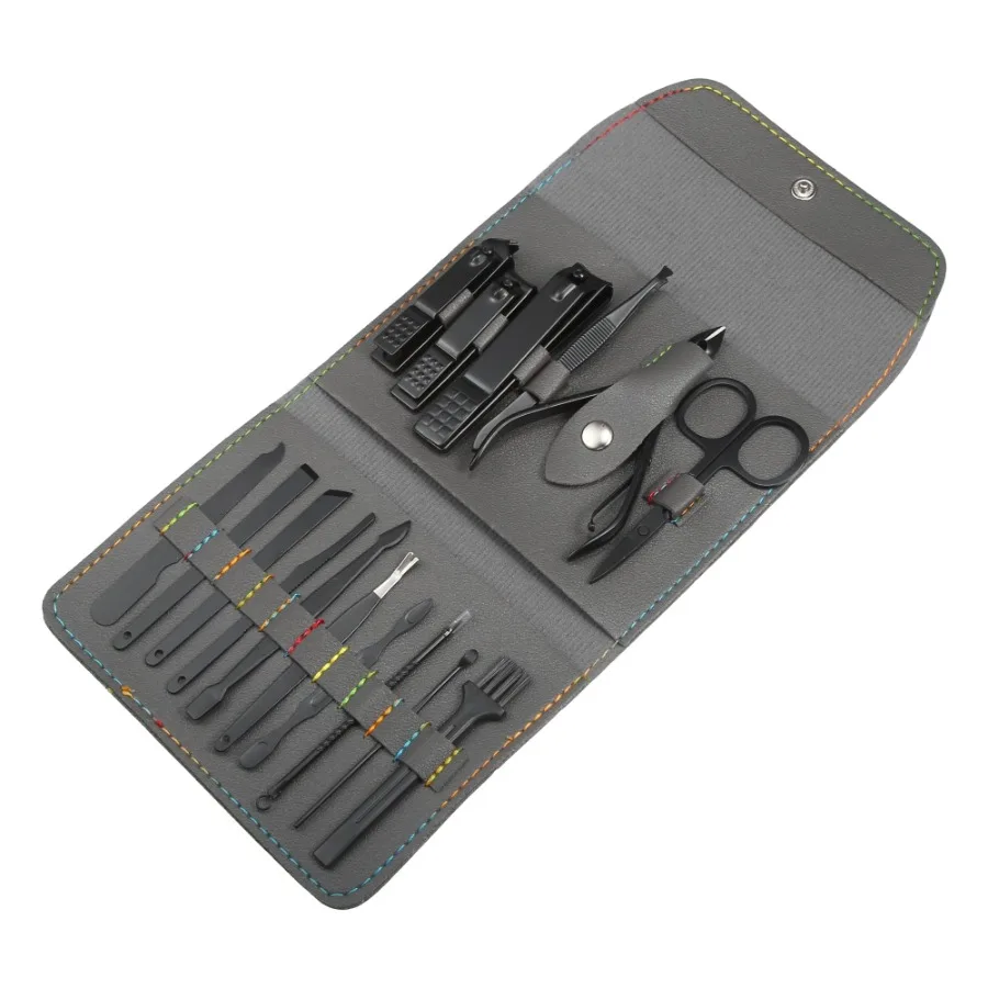 

16 pcs Manicure Set with Gray PU Case for Personal Care Stainless Steel Tools with Black Finish Ideal for Nail Art Travel and H