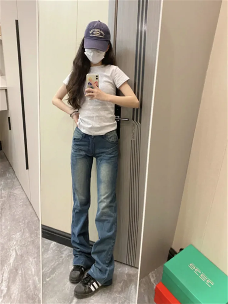 

American Retro Low Waist Slimming Flared Jeans Women's Spring Autumn High Street Long Floor-Length Pants plus Size