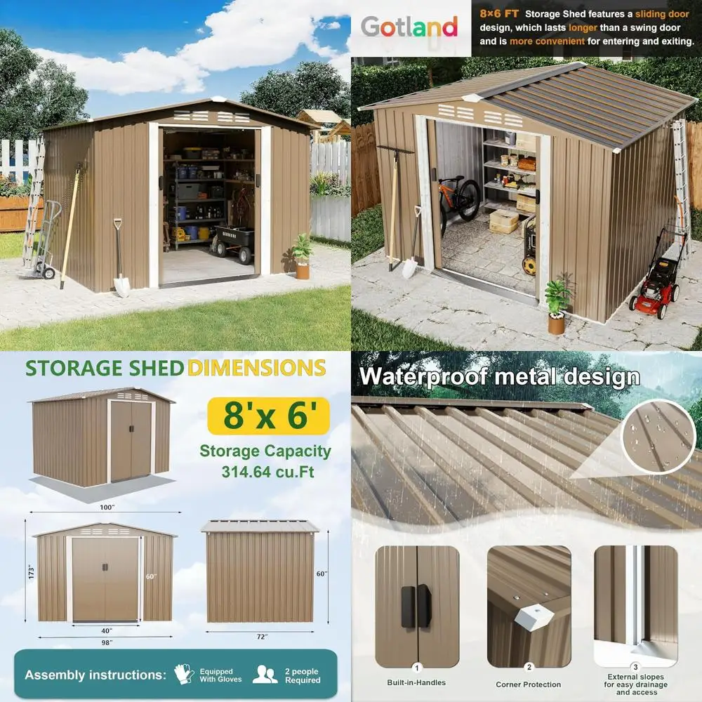 

Металлический навес для хранения — водонепроницаемая крыша на открытом воздухе 8x6 футов с наклонными ступеньками, 2 запираемые раздвижные двери, идеально подходит для решения для хранения