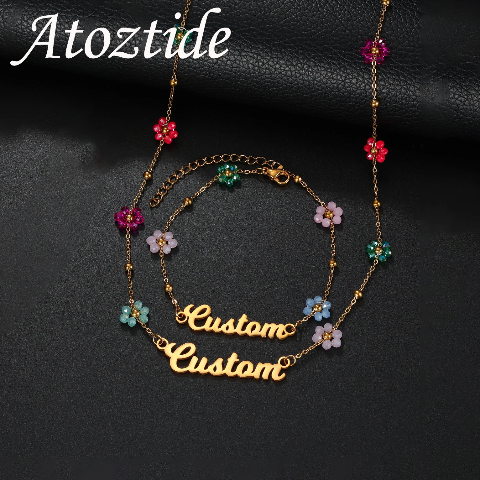 Atoztide Custom Name Jewelry Set Personalized Colorful Flower Chain Necklace Bracelet for Women Stainless Steel Birthday Gift