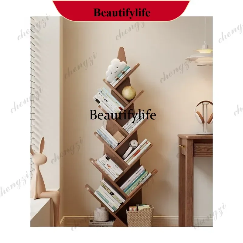 Solid wood tree-shaped bookshelf integrated floor rack against the wall, living room corner children's creative bookshelf d178