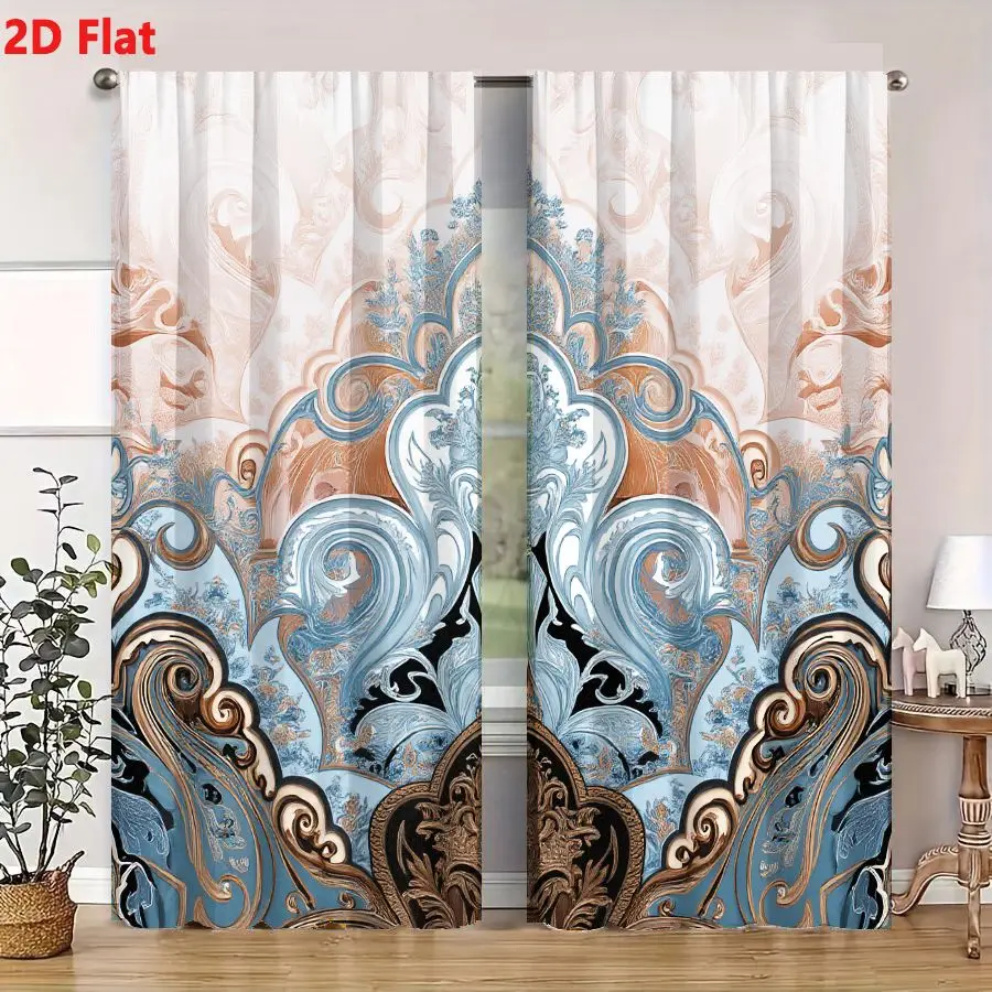 2Pcs Curtains 2D Flat Baroque Ornamental Design With Pastel Blue And Peach Tones For Wallpaper And Textile Print Window Drapes f 4