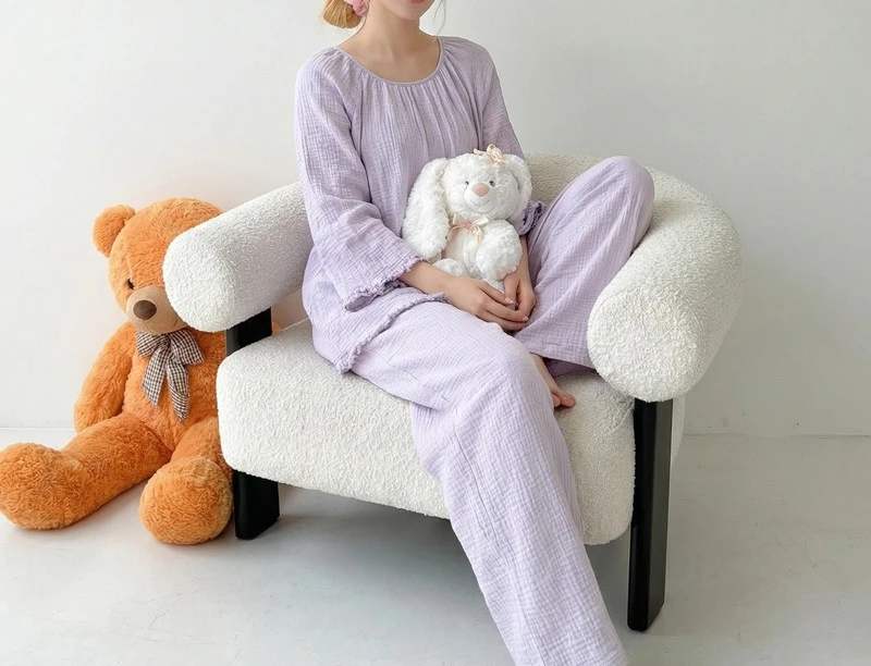 New Arrival, Round Neck, Double-layer Gauze, Wrinkled, Simple, Loose, Long-sleeved Suit, Home Wear, Can Be Worn Outside