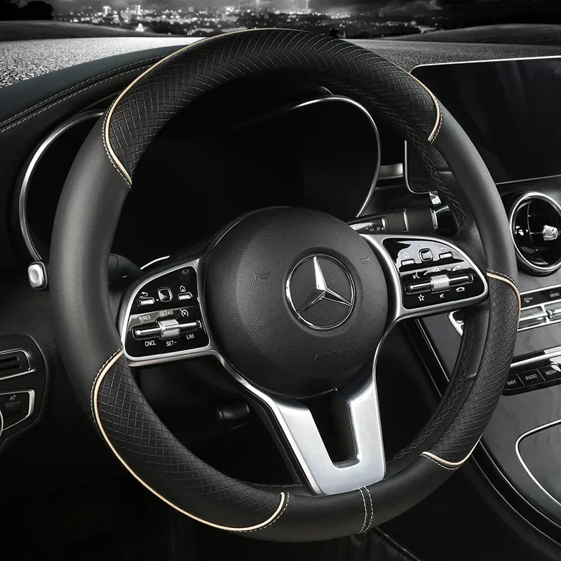 Full Leather Stitching Line Fashionable Car Steering Wheel Cover Three-Dimensional Anti Slip Decor Steering Wheel Elastic Covers