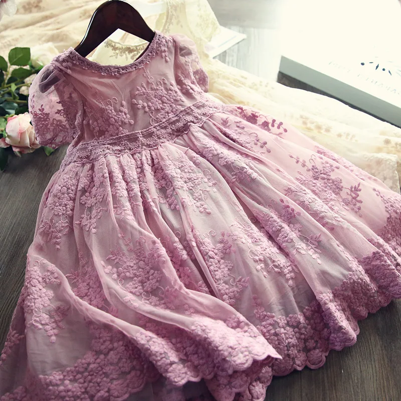 2024 New Summer Children Girls Party Dress for Kids Short sleeve Solid Child Clothes Flower Girl Birthday Princess Dress 3-8Y