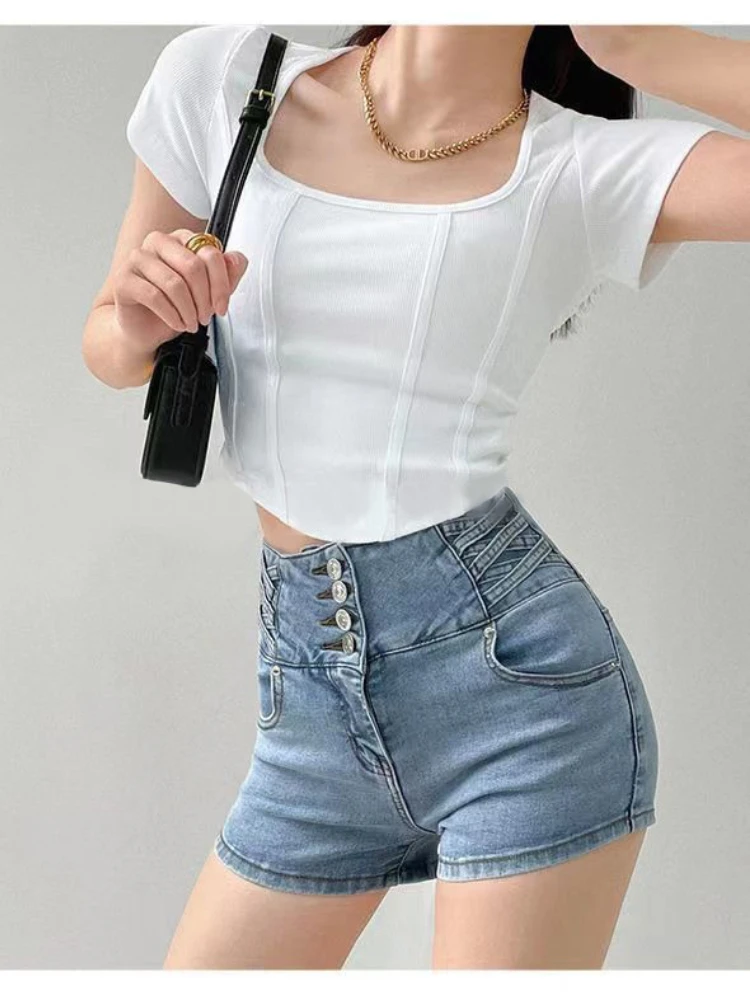 Square Neck Solid T Shirt Women Short Sleeve Summer Fish Bone Tee Casual Tank Top Fashion Crop Top Female Y2k T-shirt Streetwear