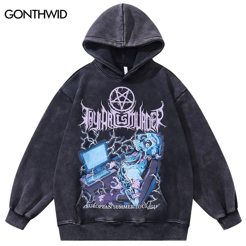 Vintage 420GSM Black Hoodie Streetwear Hip Hop Skull Skeleton Graphic Print Punk Goth Pullover 2023 Harajuku Hooded Sweatshirt