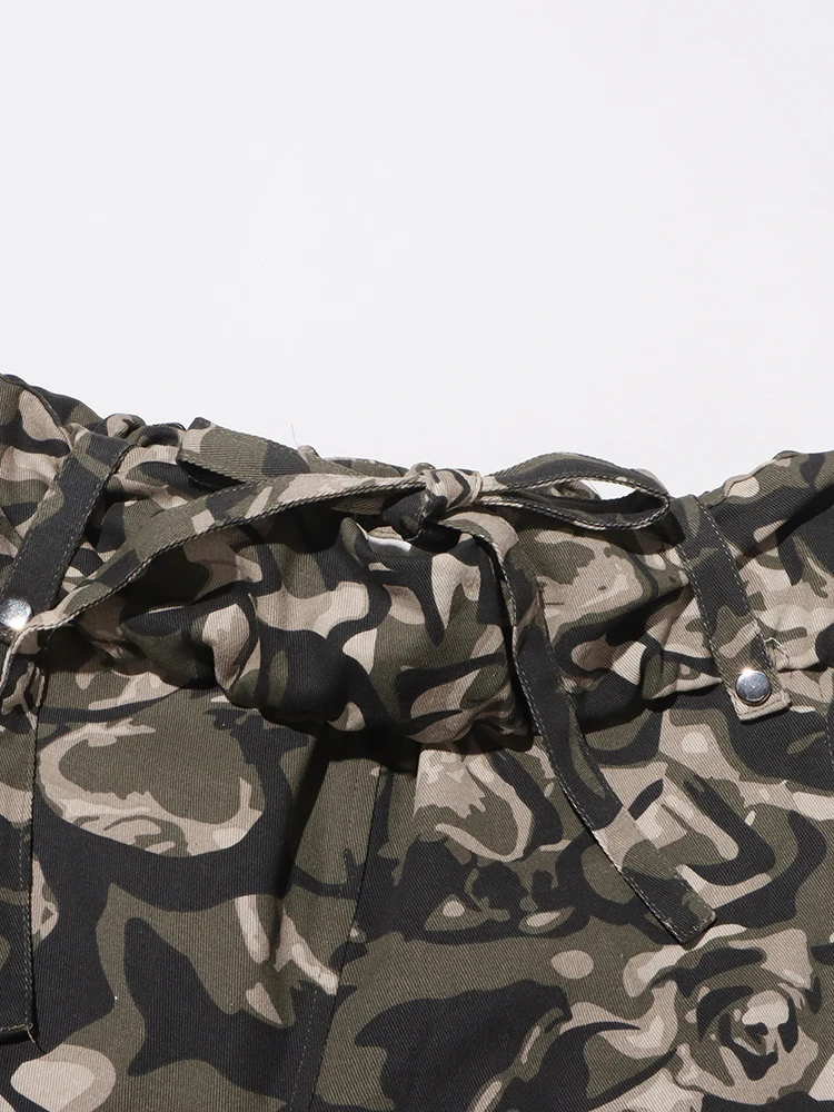 Romiss Camouflage Broek Voor Vrouwen Hoge Taille Gesplitst Trekkoord Streetwear Hit Colour Losse Cargo Broek Vrouwelijke Lente Kleding