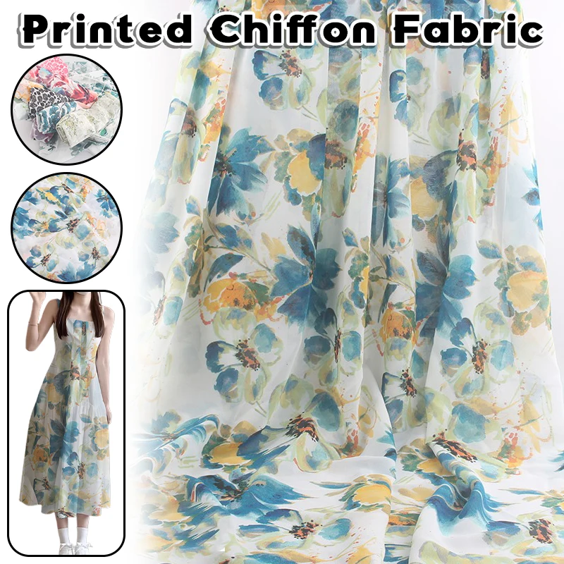 

1x1.5m Retro Ink Style Large Flower Print Chiffon Fabric DIY Dress Chiffon Shirt Skirts Sewing Needlework Cloth Drape Fabric