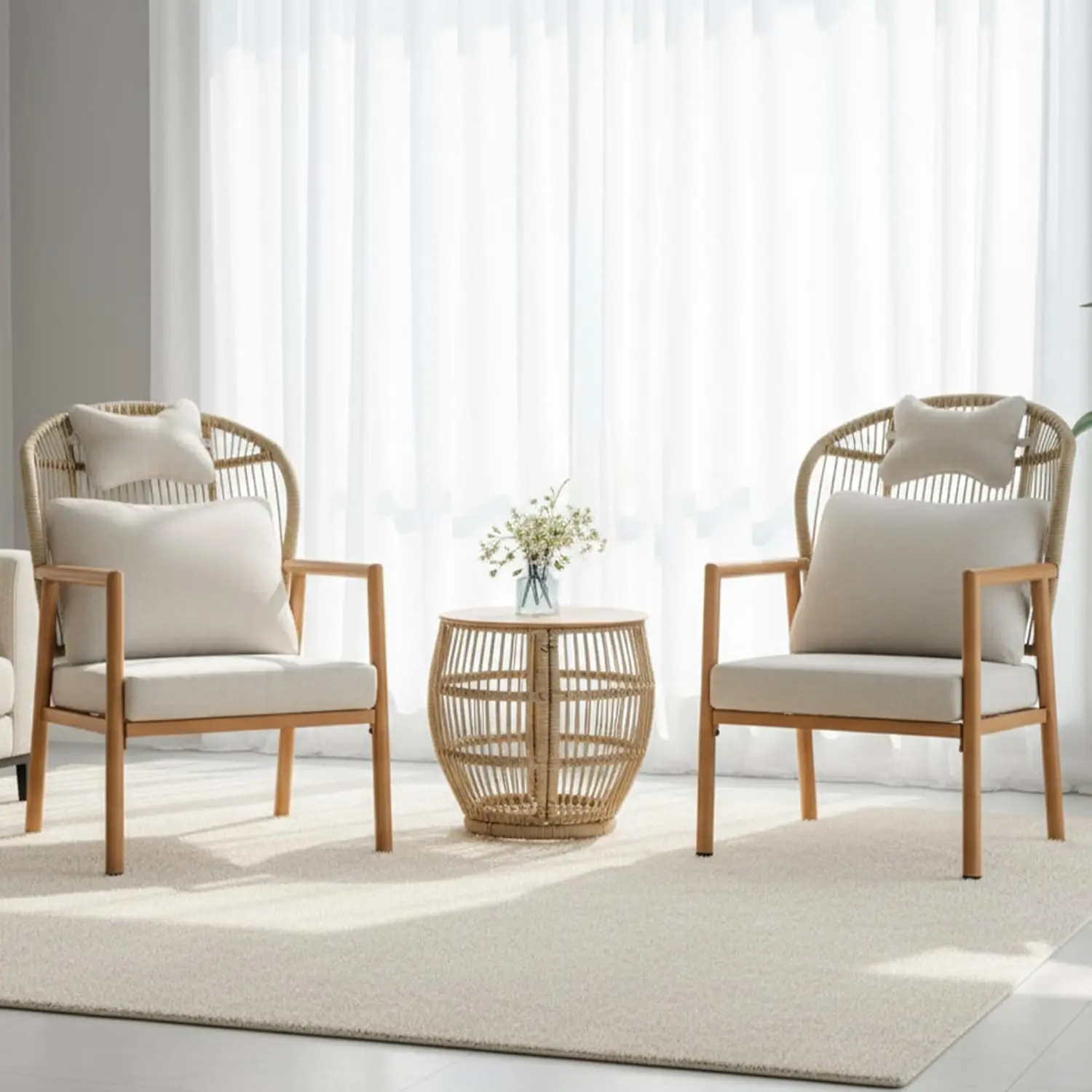 

Table, Comfy Arm Chair with Cushions, Rattan Reading Lounge Chair with Metal Frame, Armchair for Bedrooom/Indoor/Outdoor, Beige