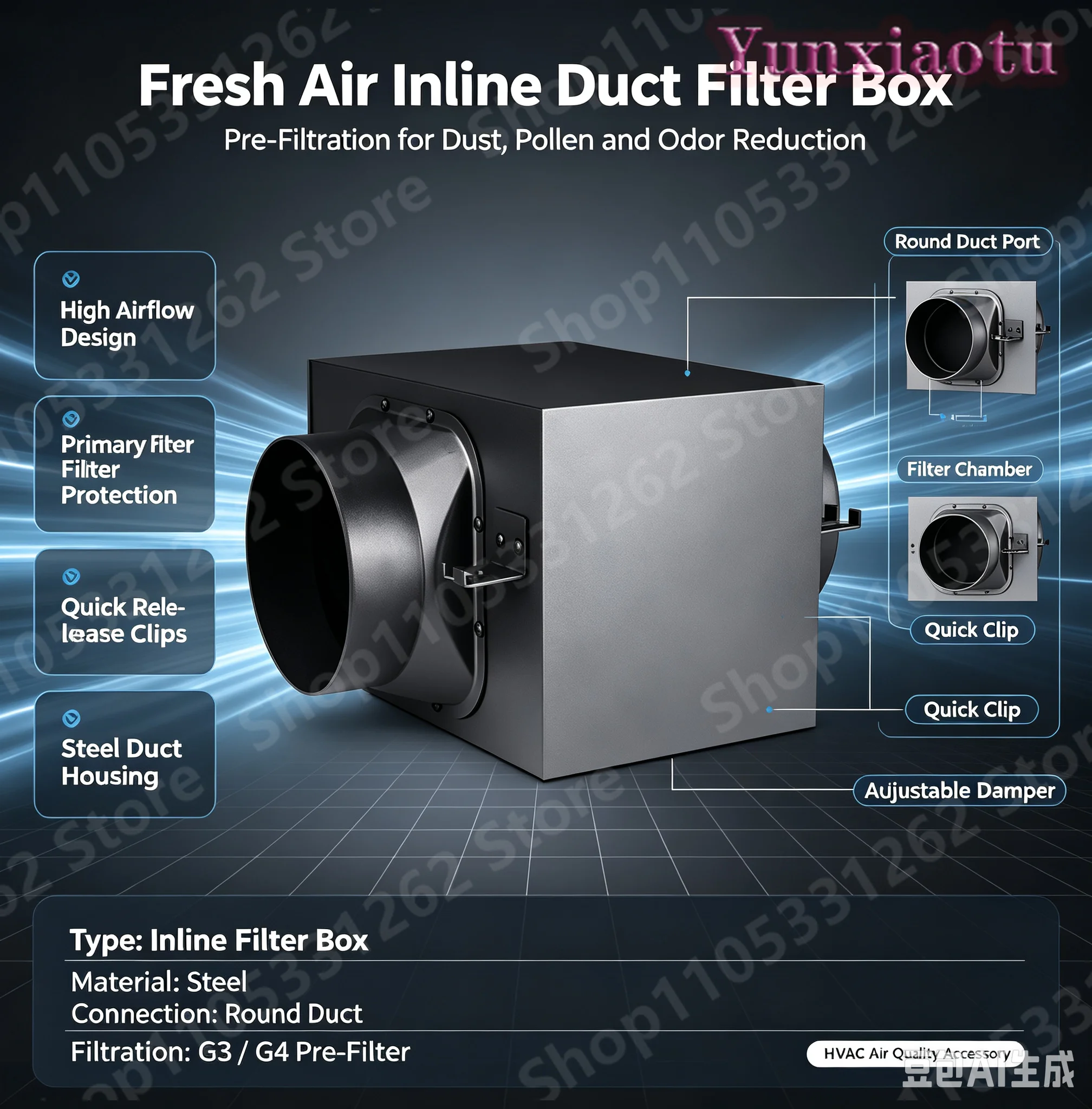 HVAC Duct Fan Air Purifier Box Primary HEPA Pre Filter Odor Dust Smog Removal for Fresh Air Ventilation System