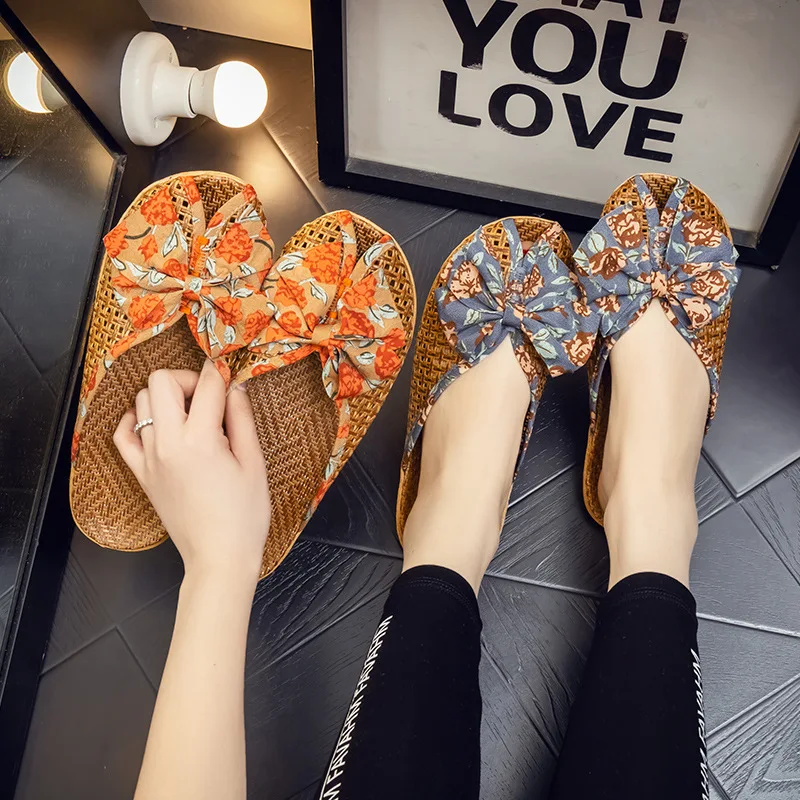 

2026 Summer Women's Rattan Woven Closed Toe Slides Bowknot Linen Breathable Cool Indoor Home Casual House Slippers