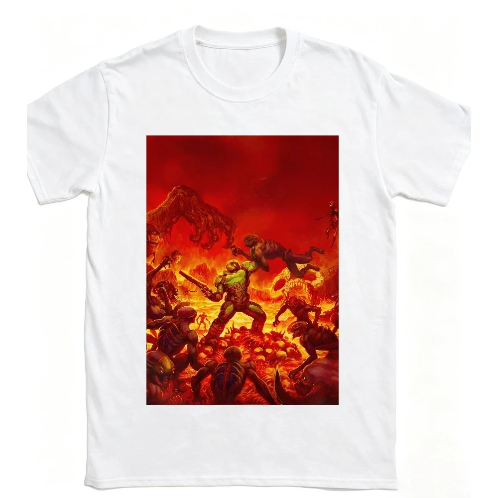 Slayer Fiery Hell Demon Battle Print T-shirt Men Soft Cotton Loose Horror Shooting Game Gamer Casual Daily Streetwear Tee