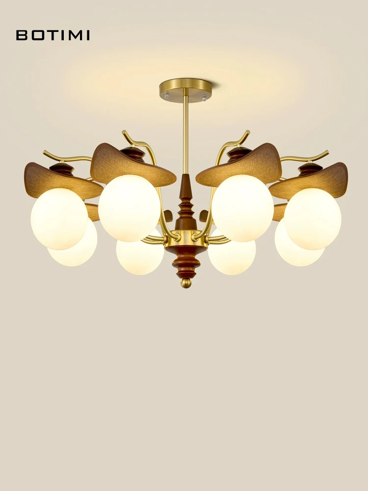 

BOTIMI 8 Lights Chandelier With Round Glass Lampshades For living Room 5 Light Wooden Lustres Dining Lights Bedroom Lamps